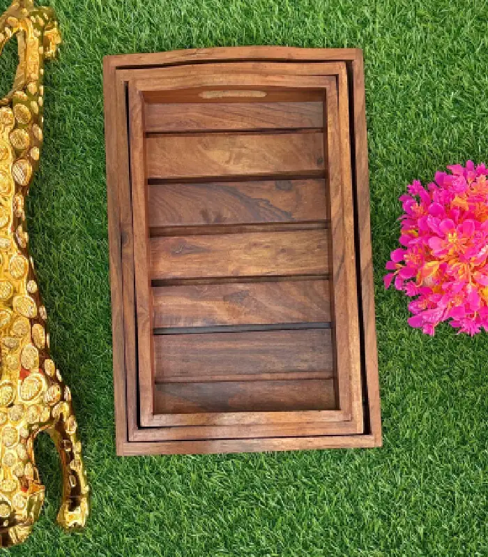 Handcrafted Rectangular Wooden Serving Tray (Set Of 3)