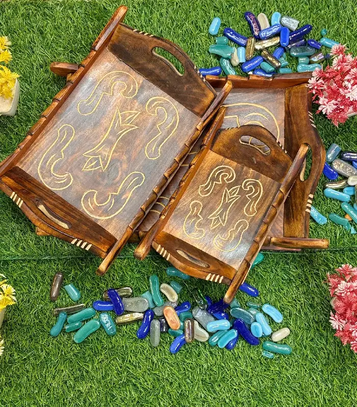 Handcrafted Neem Wood Serving Tray (Set of 3)