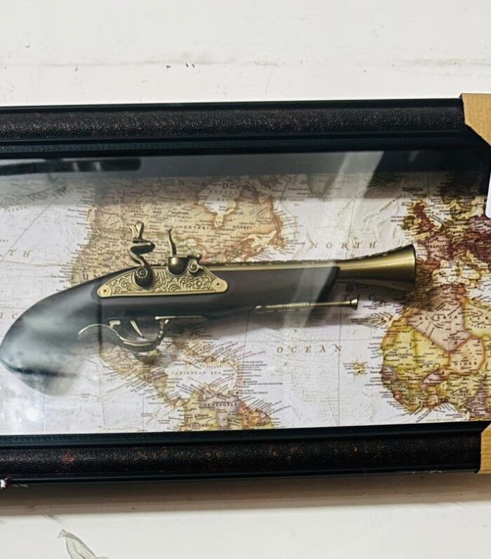 Vintage Decorative Flintlock Pistol Replica with Framed World Map Background