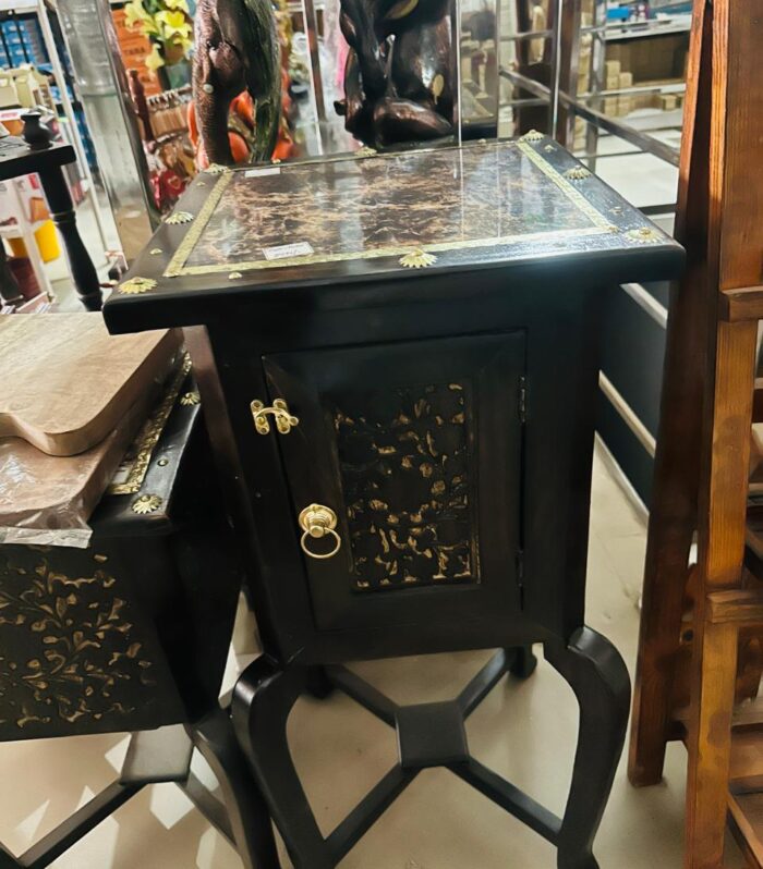 Handcrafted Wooden Side Cabinet with Decorative Brass Inlay