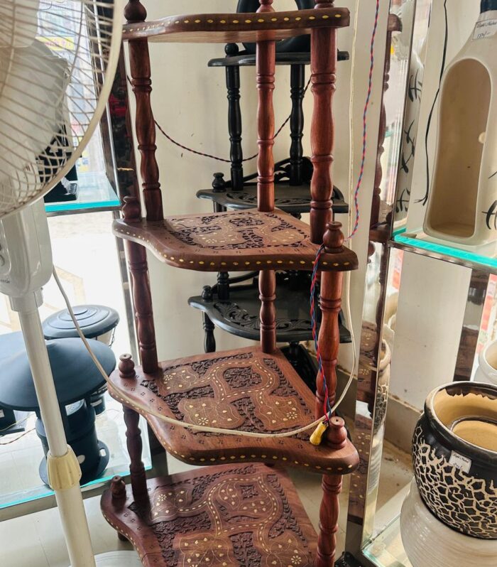 Handcrafted Wooden 3-Tier Corner Shelf with Carved Floral Design