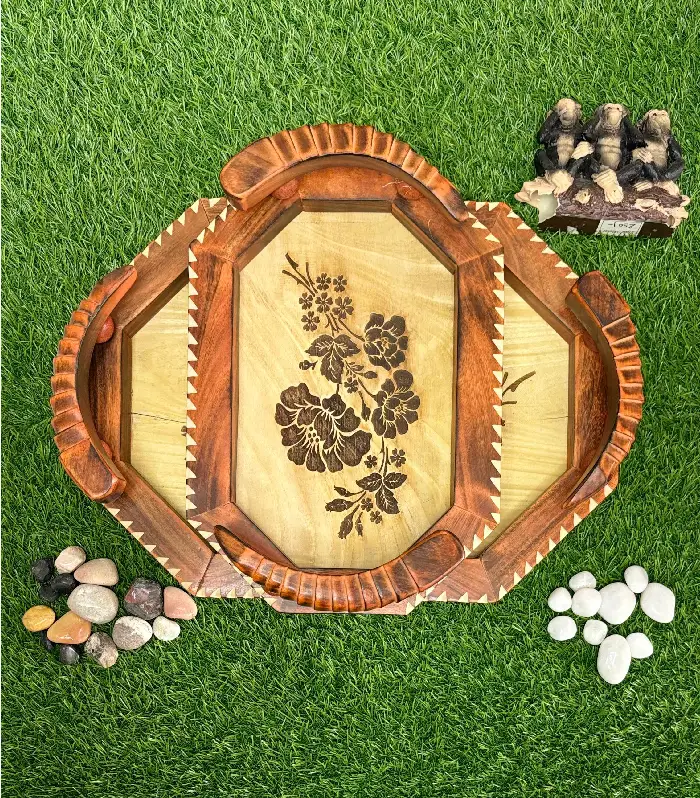 Handcrafted Wooden Serving Tray Set with Floral Engraving