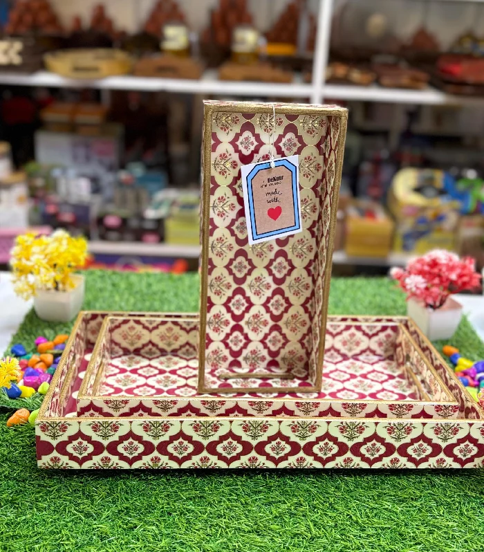 Floral Block Print Wooden Tray (Set of 3)