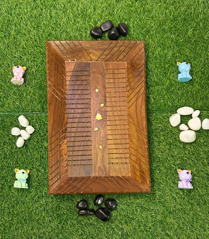 Handcrafted Rectangular Sheesham Wood Serving Tray With Brass CutWork