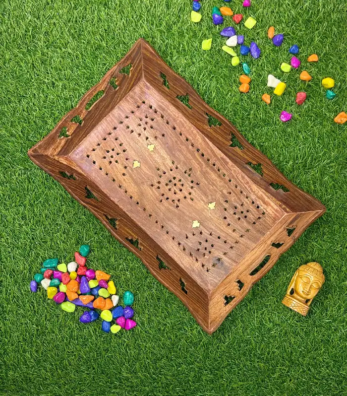 Handcrafted Rectangular Sheesham Wooden Serving Tray With Brass Cutwork