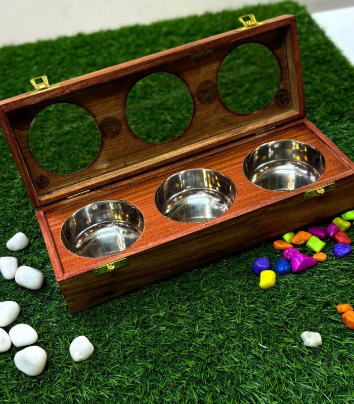 Handcrafted Wooden Dry Fruit Box Set with Stainless Steel Bowls